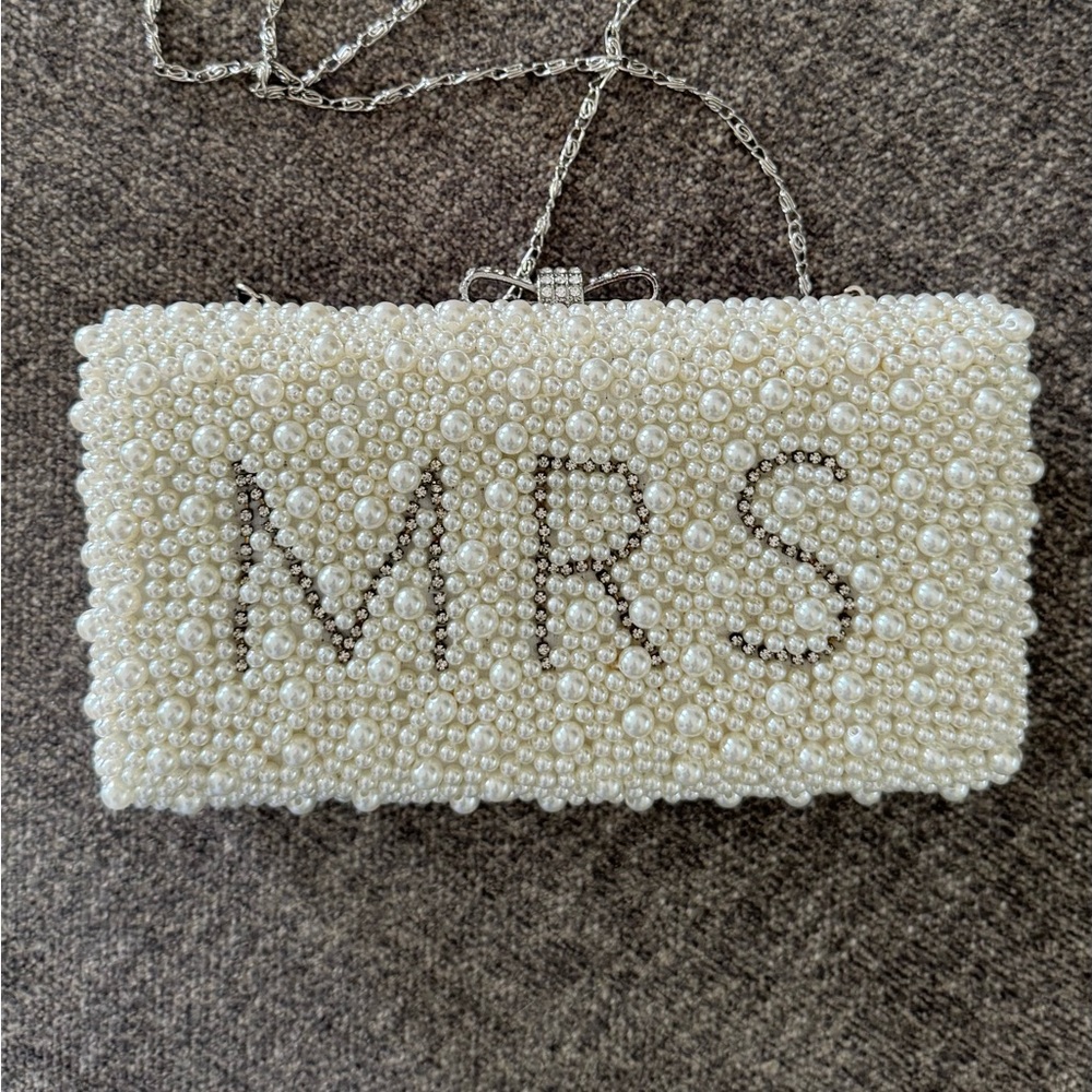 Pearl Beaded Clutch with 'MRS' Accent - Cream and luggage tags